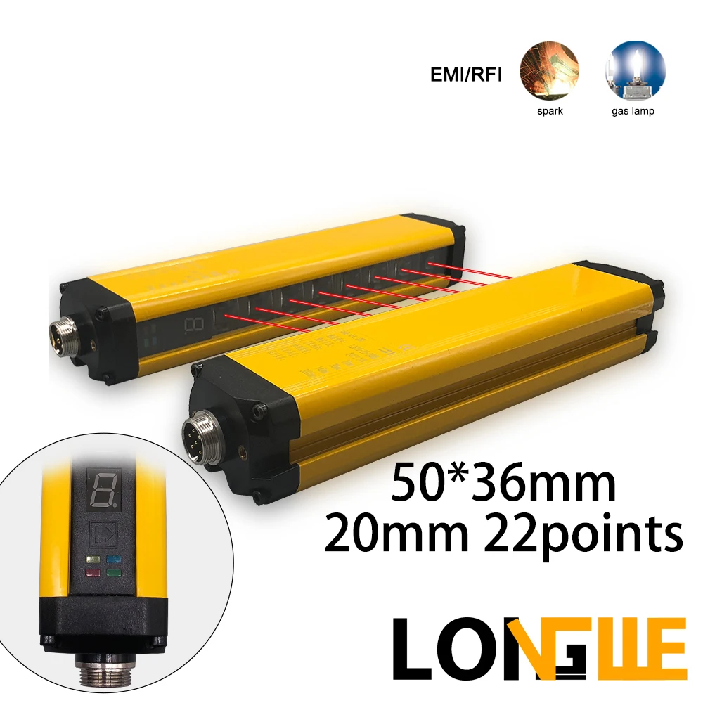 Longwe 24-Points 20mm Protect Infrared Safety Light Curtain 10m Area Digital Display Safe Photoelectric Sensor 50*36
