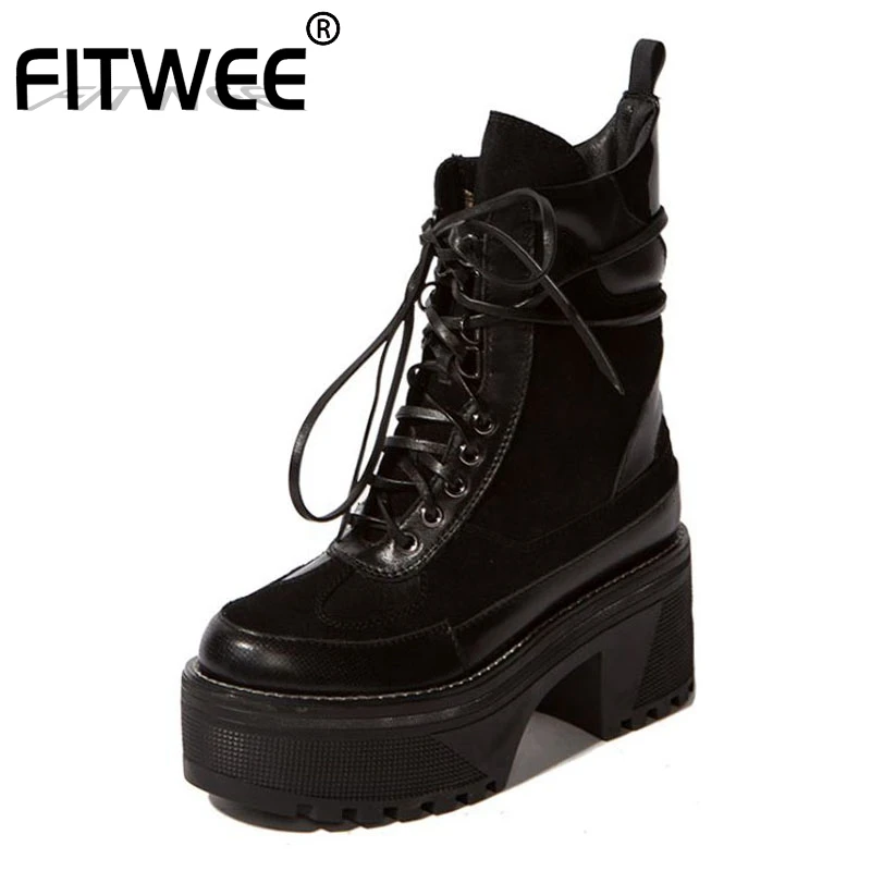 FITWEE/пикантные женские сапоги до середины икры из натуральной кожи на толстой