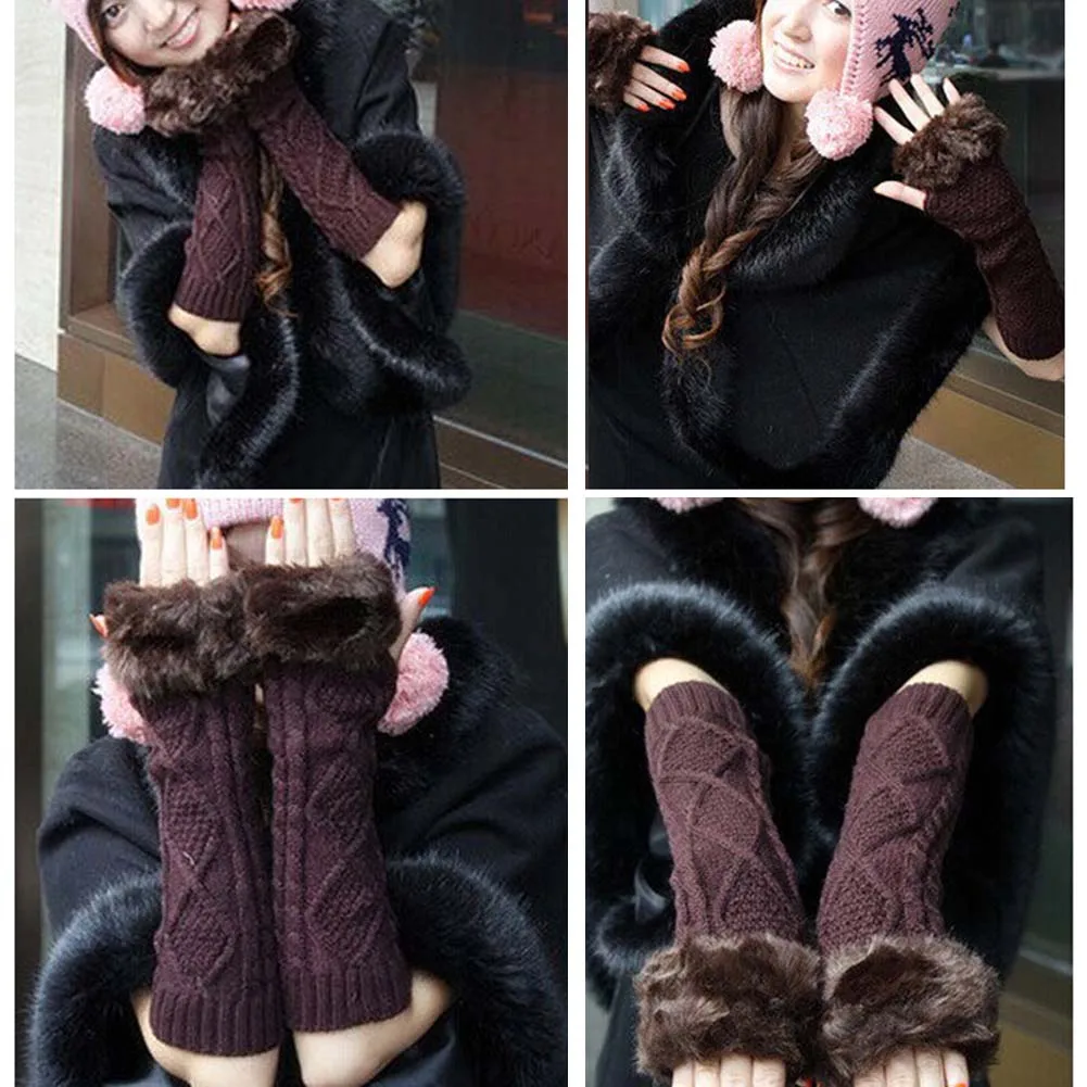 11.11 Women Solid Color Fingerless Long Knitted Gloves Faux Fur Arm Sleeves Warmers Soft Comfort Streetwear Christmas gift