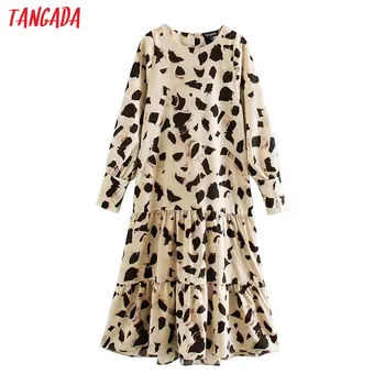

Tangada fashion women print chiffon dress o neck Long Sleeve Ladies Loose midi Dress Vestidos XN212