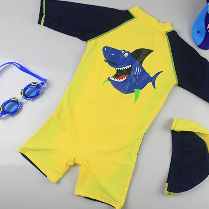 Детский купальник для мальчиков купальный цельный костюм набор шапочек желтый