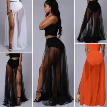 

Women High Waist Mesh Skirts Empire See Through Sheer Side Split Skirt Solid Transparent Chiffon Maxi Long Skirt Summer