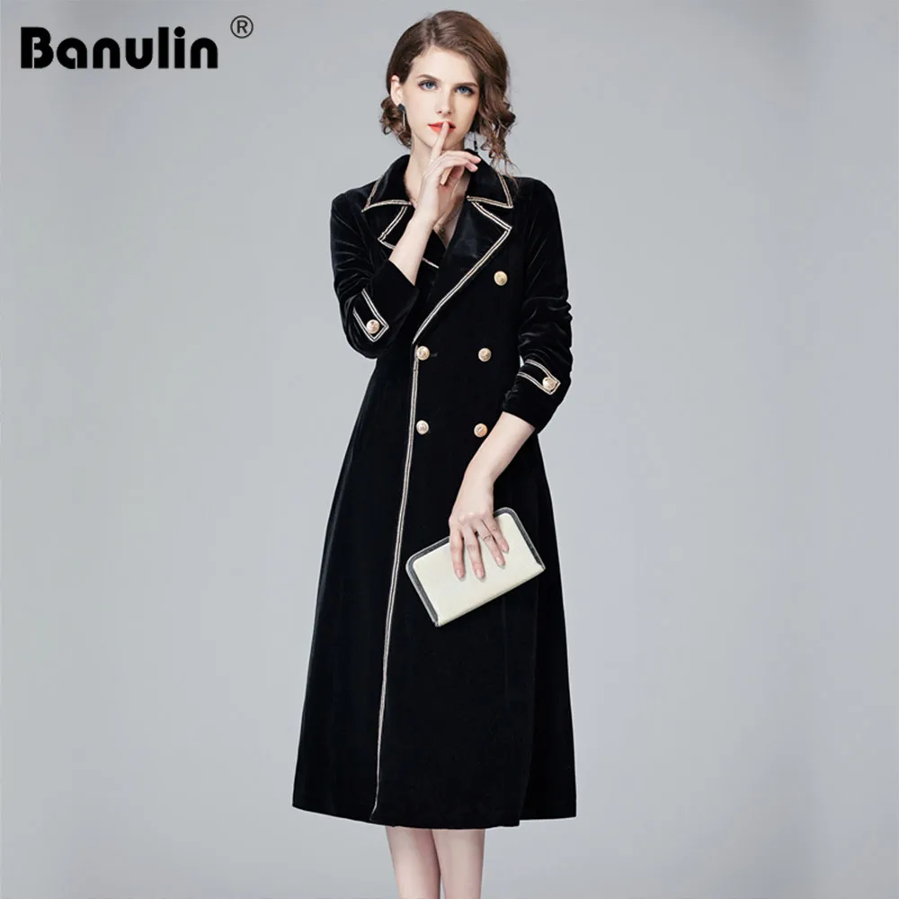 

Banulin Runway Women Notched Collar Long Jacket Coat 2019 Autumn Winter Double Breasted Suit Female Velvet Black Slim Outwear