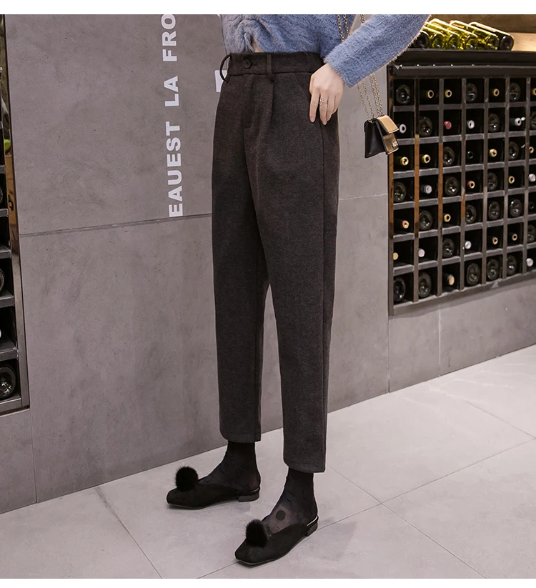 REALEFT Winter Warm OL Style Woolen Harem Pants High Waist Casual Pants Women Female Work Pants Vintage Trousers Pocket New