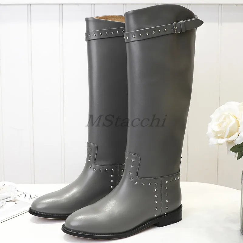 Mcacchi/модные женские сапоги до середины икры с заклепками; женская рыцарская обувь с пряжкой; женская обувь из натуральной кожи с острым носком на низком каблуке; Botas Mujer