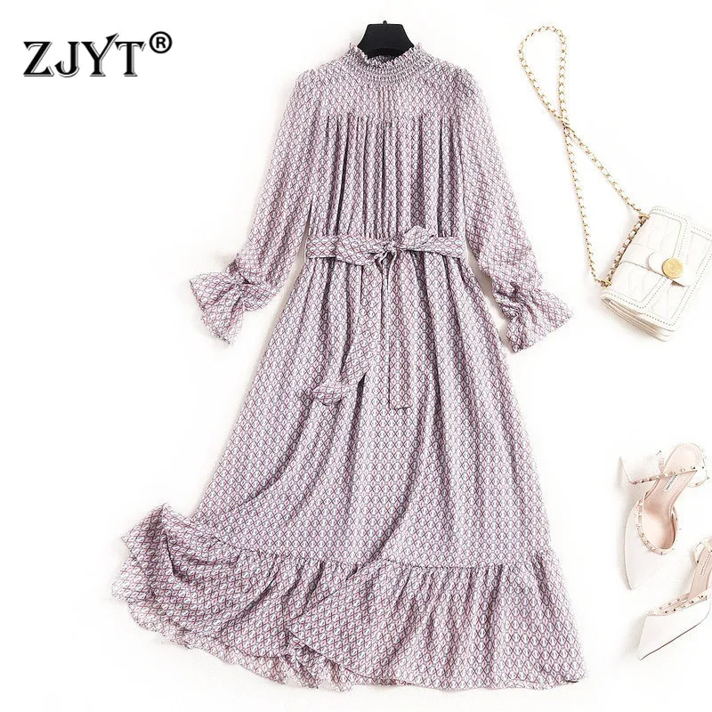 

High Quality Designer Spring Dress 2020 New Women's Fashion Long Sleeve Ruffled Neck Lace Up Print Beach Casual Chiffon Dresses
