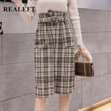 REALEFT осень-зима, новые Юбки миди с высокой талией, винтажные Клетчатые Шерстяные Юбки с разрезом, офисные женские юбки