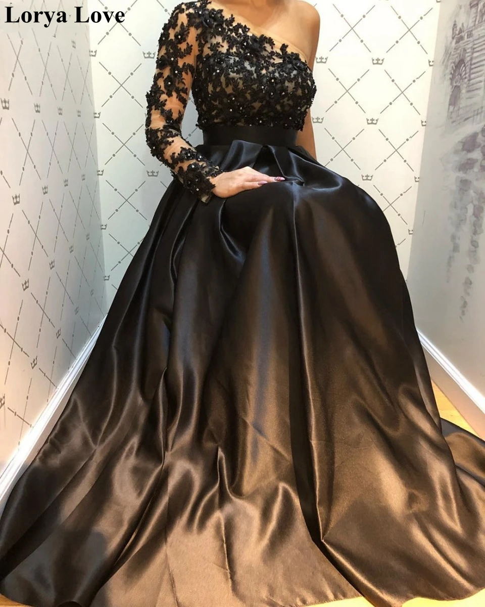 

Black Prom Dresses 2020 Women Formal Party Night One-Shoulder Sexy Evening Dress Appliqus Lace Elegant Satin Vestidos De Gala