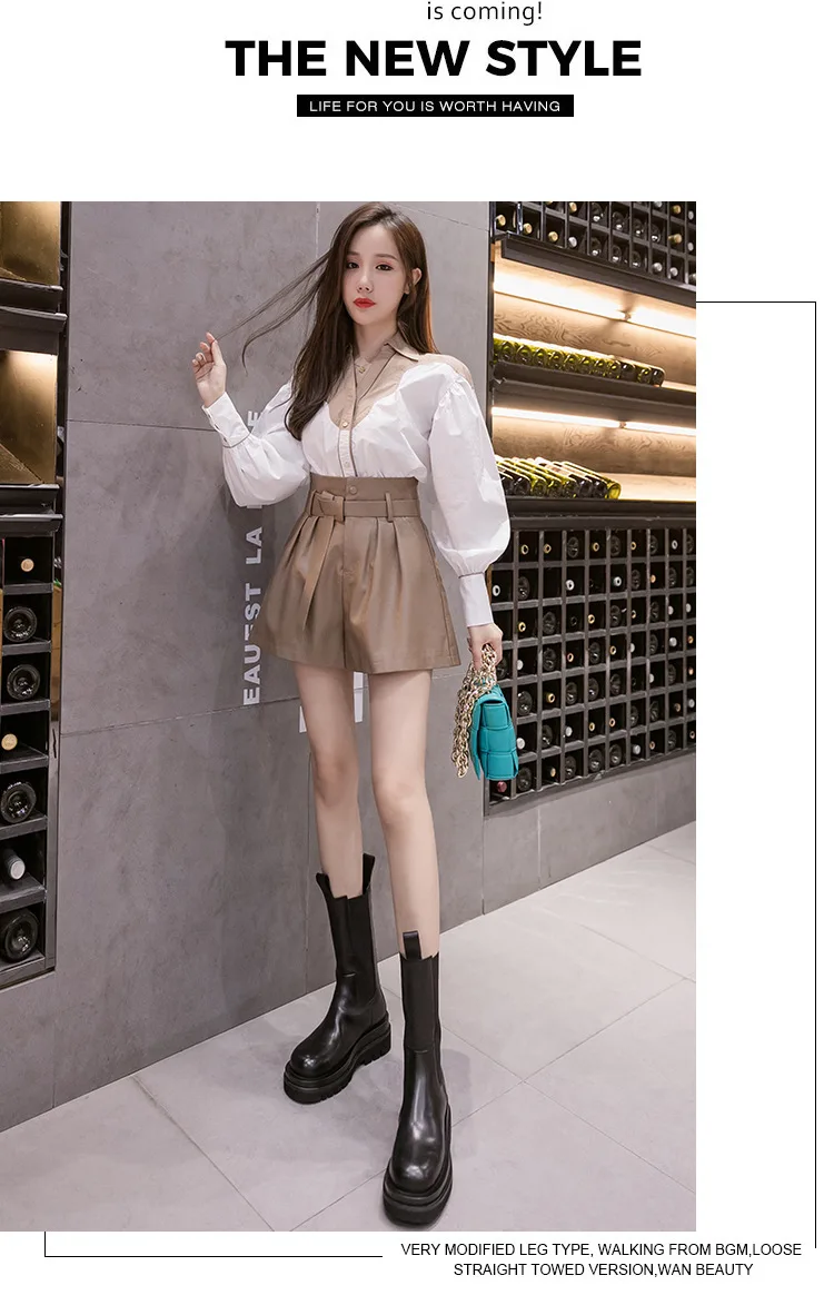 2022 New Autumn Winter Black PU Faux Leather Women's Shorts Sashes High Waist Wide Leg Shorts Elegant Female Trousers MT577 dickies shorts