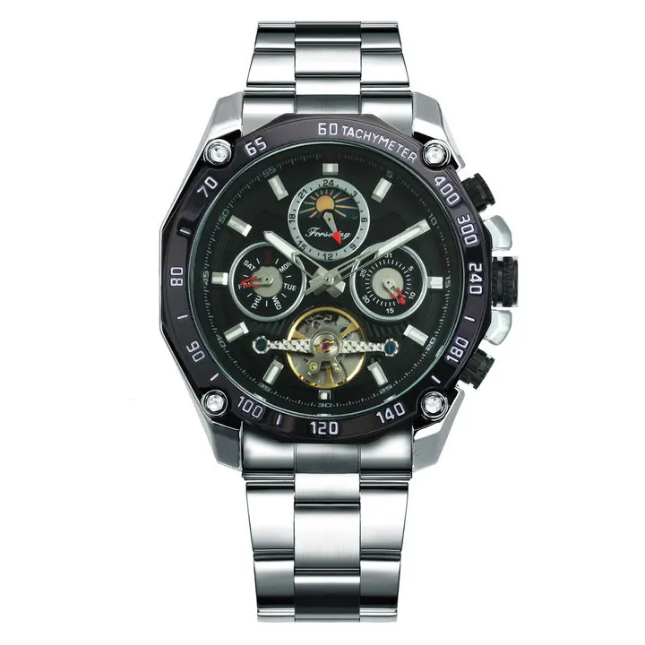 SILVER BLACK FORSINING Роскошные automatic Tourbillon часы Мужские лучший бренд из нержавеющей стали креативные часы Sun Moon Phase механические наручные часы - Цвет: SILVER BLACK