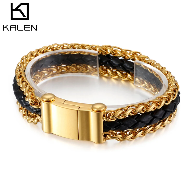 Панк нержавеющая сталь три слоя звенья цепи браслеты для мужчин 21 см плетеный кожаный браслет мужской ретро ювелирные изделия