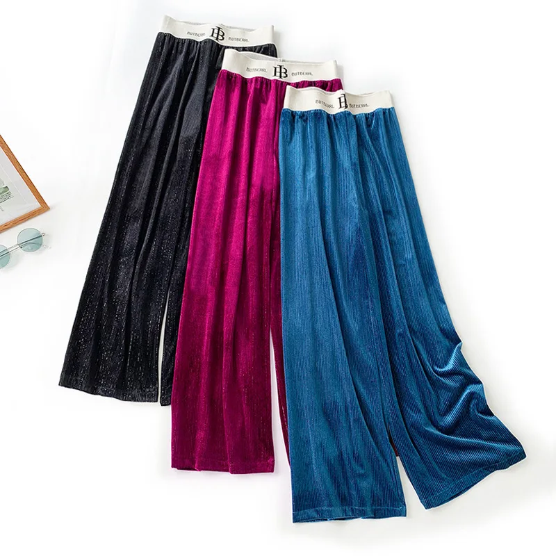 

Wasteheart Autumn Women Fashion Blue Red Long Pants Wide Leg Pants High Waist Female Pleated Pants Sweatpants Elastic Waist