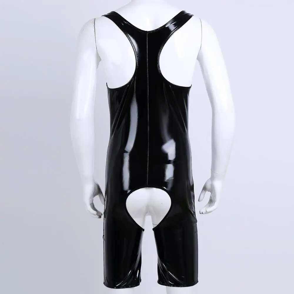 Men Underwear Mens Sissy Latex Open Crotch Catsuit Wetlook PVC Leather One-Piece Teddy Lingerie Erotic Zipper Crotchless Leotard Gay Clubwear