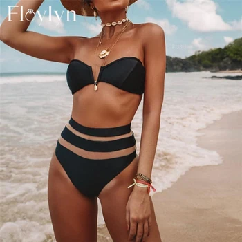 

Lady Sexy Bikini 2020 High Waist Solid Black White Mesh Push-up Padded Swimsuit Swimwear Bathing Suit Bikinis set Women