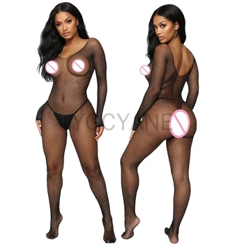 

Teddy Open Crotch Fishnet Porno Women's Shiny Diamond Mesh Stockings Rhinestone Nylon Black Bodystocking Female Sexy Lingerie