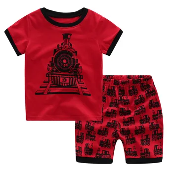 

Summer Boy Pyjamas Knit Cartoon Red Train Girls Pajamas Home Service Short-sleeved Shorts Kids Pajama Set Baby Clothes
