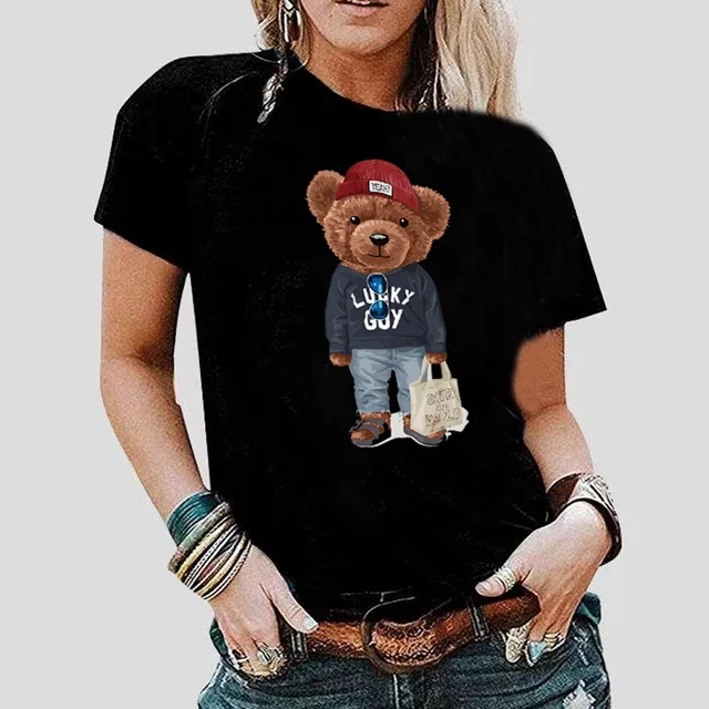Fashion Bear Print Women T-Shirt Harajuku Round Neck Casual Loose Short Sleeve Summer Slim Soft Tops Clothing Hip Hop Streetwear 3bear019