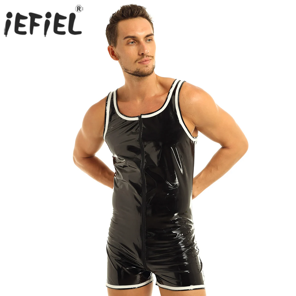 

iEFiEL Mens Lingerie Sexy Clubwear Wetlook Punk Bodybuilding Front Zipper Boxer Briefs Leotard Bodysuit Costumes Party Jumpsuit