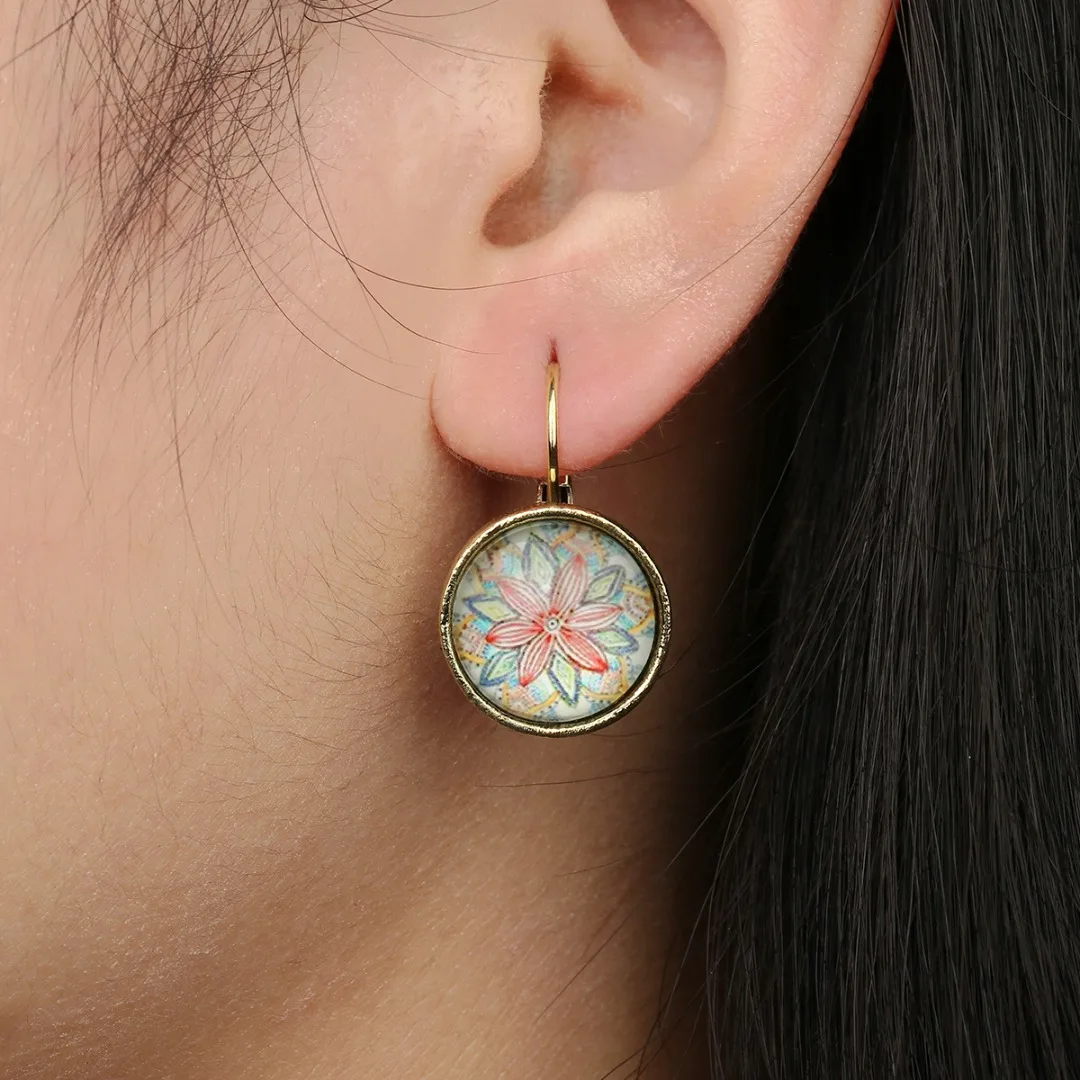Vintage Colorful Round Flower Ear Stud Classical Retro Ethnic Stylish Earrings Unique Charming Women Jewelry Chic Accessories