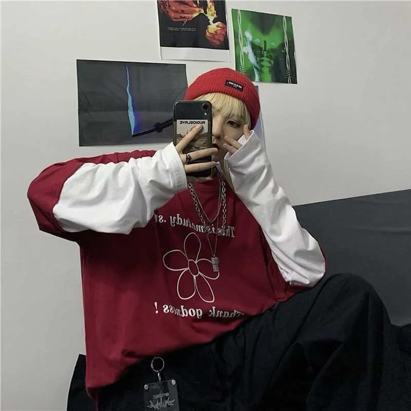 NiceMix модный бренд в Корейском стиле, весна-осень, новинка, harajuku, круглый вырез, длинный рукав, принт, пэчворк, имитация двух частей, женская одежда, повседневная футболка