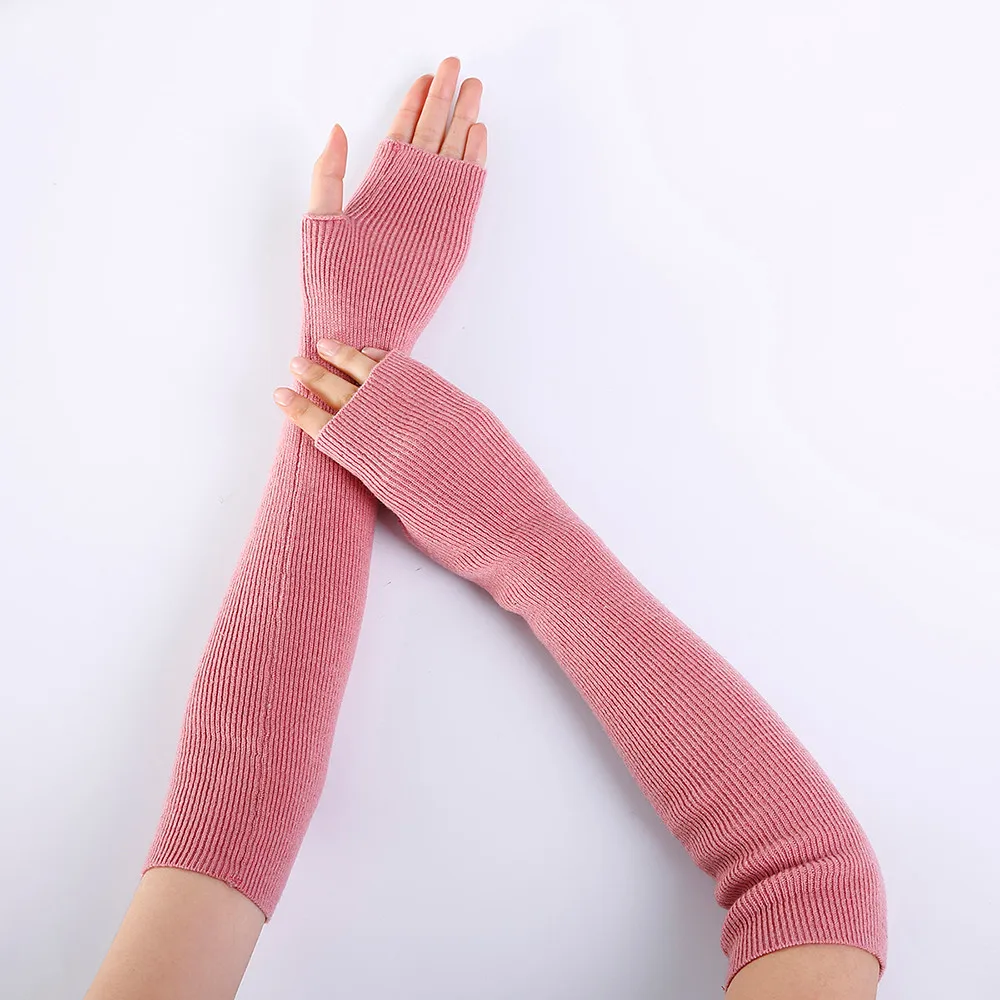 Pink Зимний модный цветной сенсорный экран для женщин, теплые однотонные кашемировые вязаные мягкие длинные перчатки без пальцев митенки - Цвет: Pink