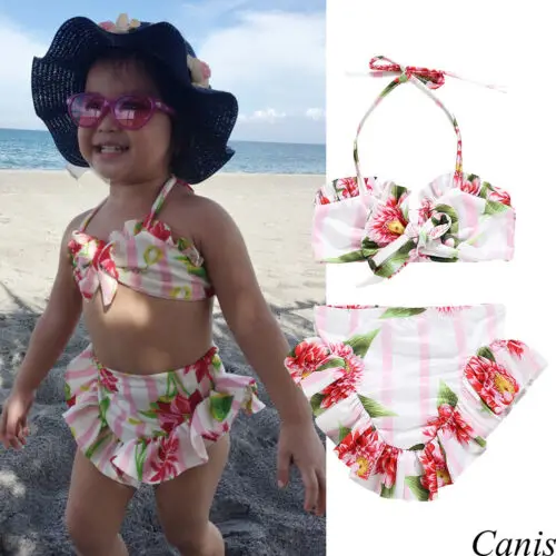 

2Pcs Baby Girl Cute Swimwear Floral Bikini Set Halter Bandeau Beachwear High Waist Bathing Suit Bow Knot Swimsuit Summer Biquini