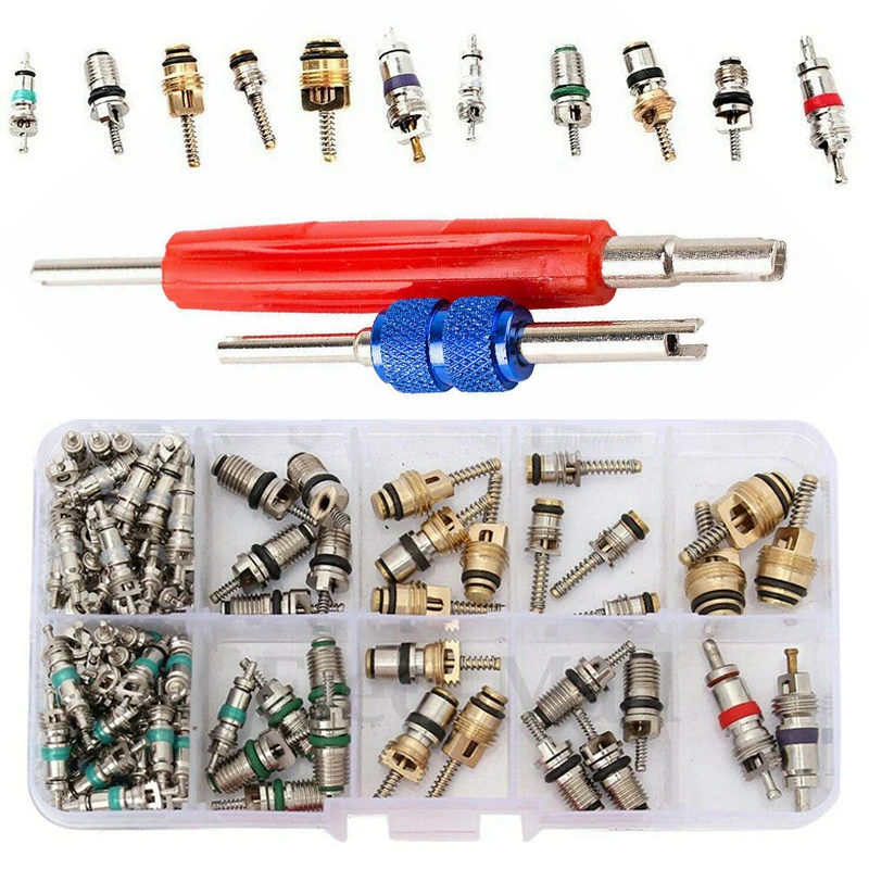 Kit de retrait de noyau de Valve de climatiseur de voiture, R12 et R134a  A/C, Schrader, tige de Valve de climatisation, pièces de réparation, 102  pièces/boîte - AliExpress