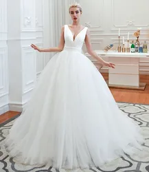 Sexy V-Neck White Princess Wedding Dress Sleeveless Court Train Bridal Gowns with Belt Robe De Mariage Vestido De Noiva