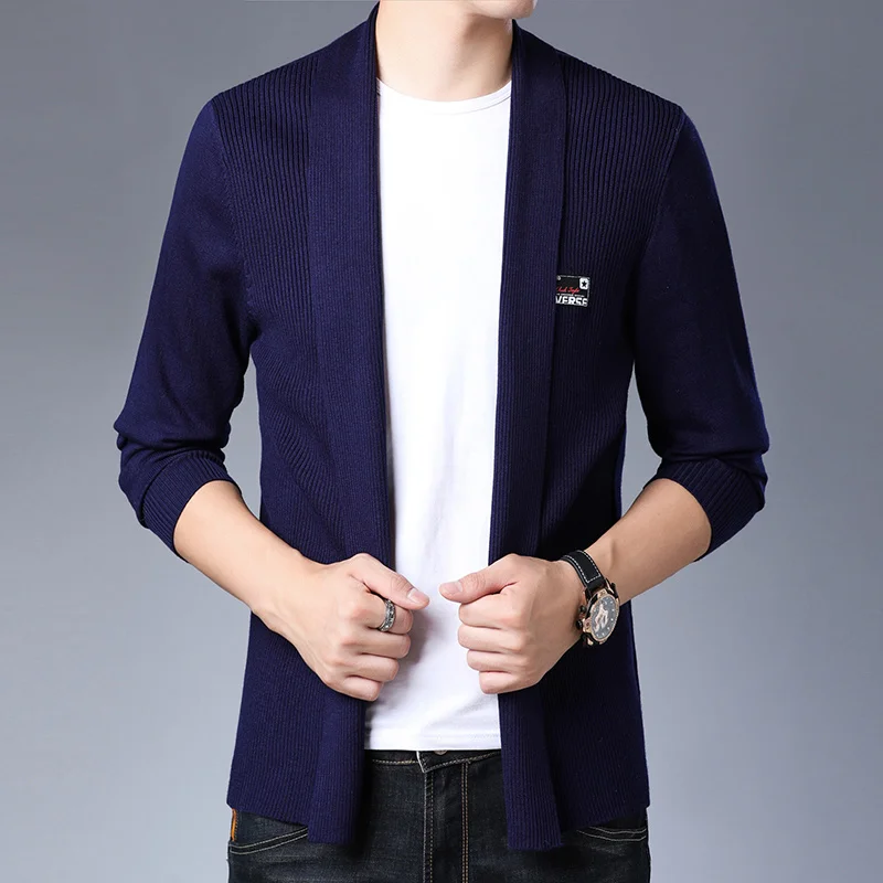 Высший сорт модный брендовый свитер, мужской кардиган пальто приталенные вязаные Джемперы зимняя повседневная мужская одежда в Корейском стиле - Цвет: Navy Blue