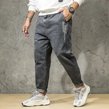 Осень стиль большой Размеры мужские джинсы популярный бренд японского-Стиль записная книжка С ПЕРЕПЛЕТОМ с Сапоги выше колена растягивающиеся джинсовые брюки прямые с глубоким вырезом из лакированной кожи Большие Размеры d