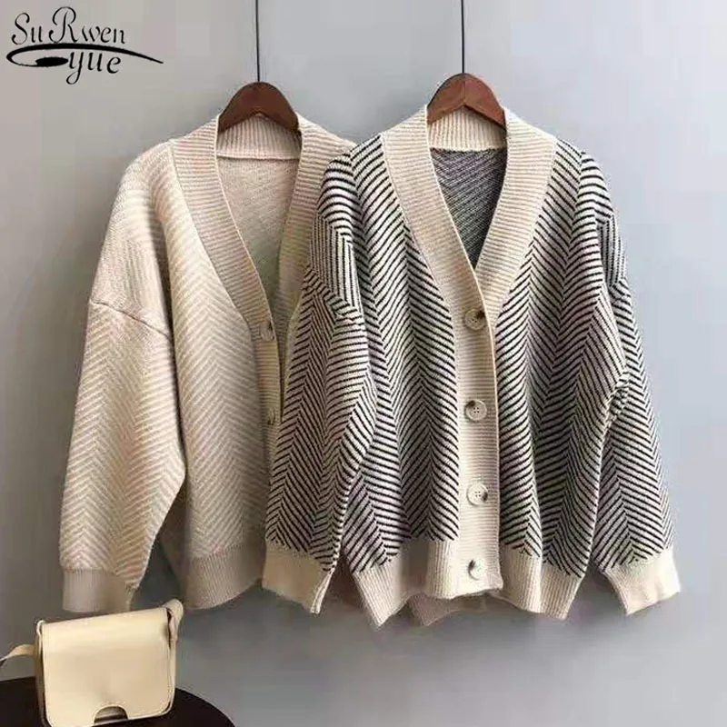 Korean Style Single Breasted V-Neck Women Button Black Cardigan Sweater Knitted Loose Oversized Jumper Top Jacket Coat 12031 |