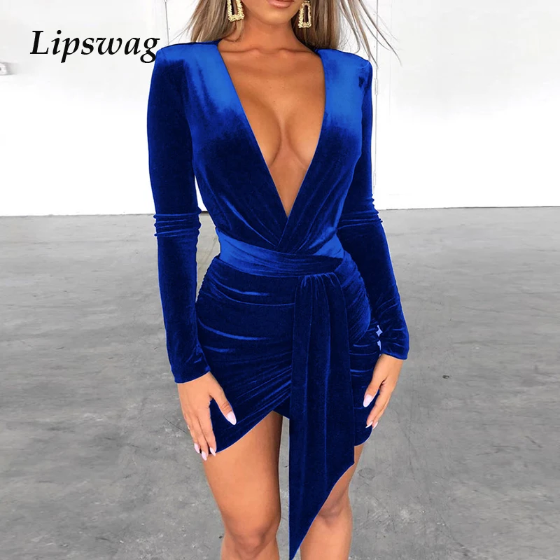 

Deep V Neck Velvet Sexy Dress Women Bandage Wrap Party Club Mini Dresses 2020 Spring Elegant Long Sleeve Bodycon Dress Vestidos