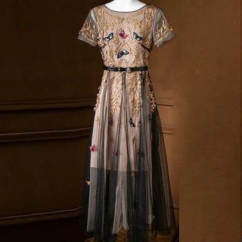 

High Quality Heavy Embroidery Mesh Dress Runway Designer Elegant Women Summer Clothes Short Sleeve Sexy Maxi Evening Party Dress