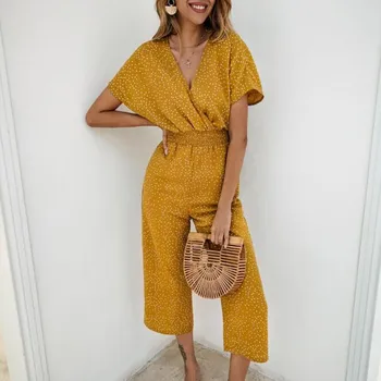 

Women Cotton Loose Casual Jumpsuit Rompers Summer Print V-neck Overalls Short Sleeve Wide Leg Jumpsuit