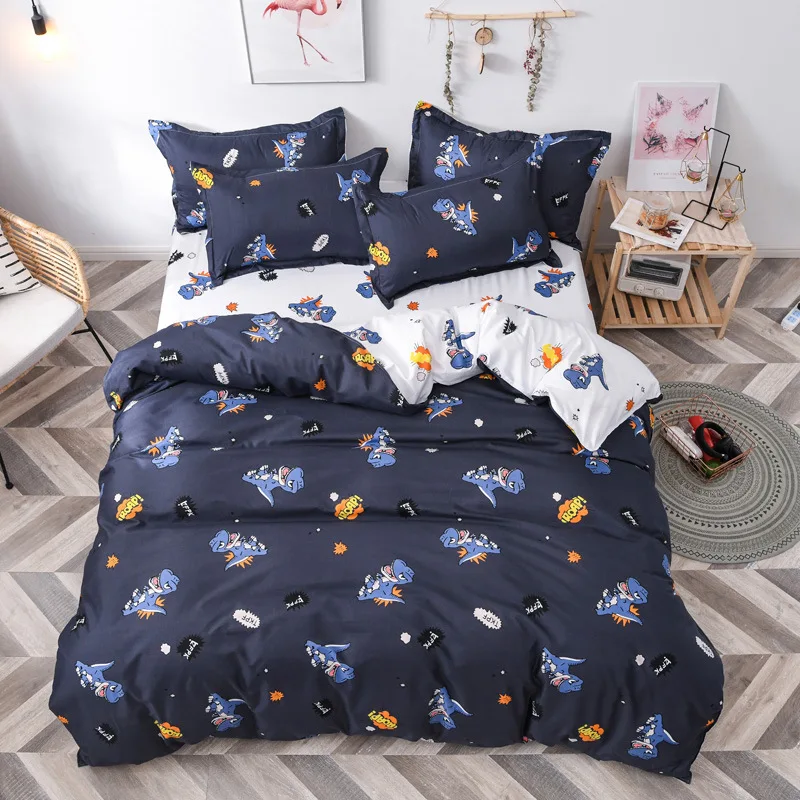 

Blue and white color two side different color Bedding Set Soft Quilt Cover Pillowcase with cartoon dinosaur printing for kids