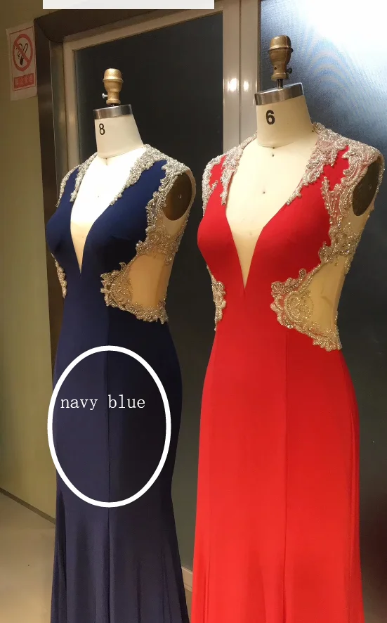 navy blue Длинное платье русалки для выпускного вечера, дизайн, красные Сатиновые вечерние платья с бисером, сексуальные платья с глубоким v-образным вырезом для гостей на свадьбу - Цвет: navy blue