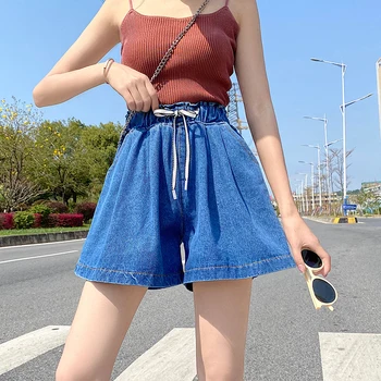 

Summer Women Short Jeans Wide Leg Plus Size Female Denim Pants Elastic Waist 5XL Medium Wash Jeans For Women