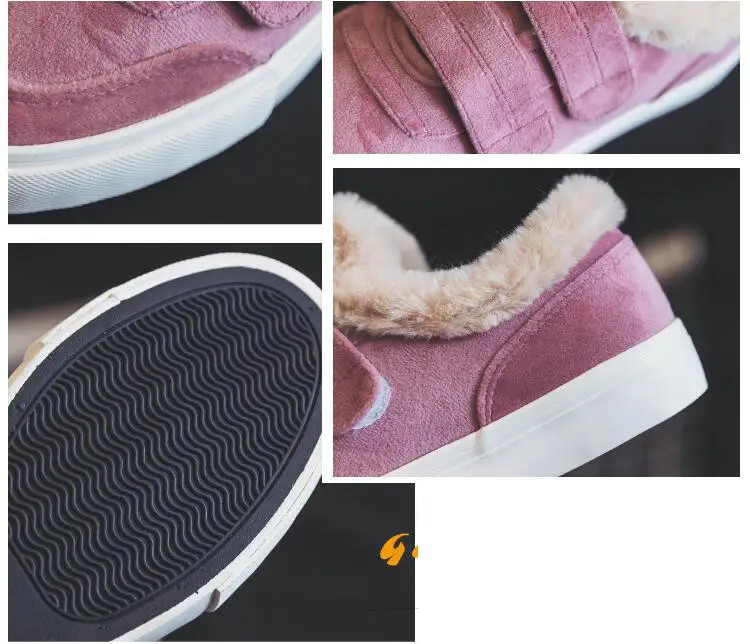 HTUUA/теплая зимняя обувь на меху; женские кроссовки из флока; цвет серый, розовый, черный; повседневная обувь на плоской платформе с плюшевой подкладкой и застежкой-липучкой для женщин; S3533