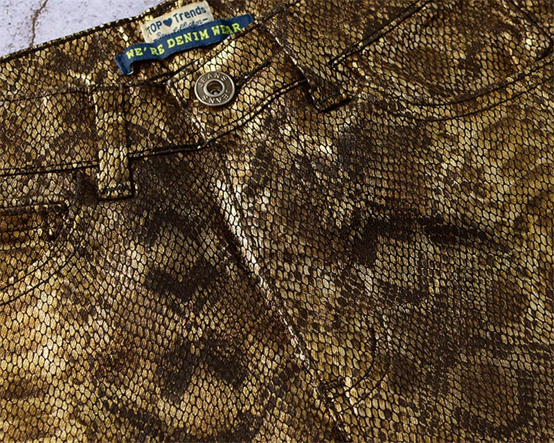 Осенне-зимние женские джинсовые штаны с высокой талией и золотым змеиным узором из искусственной кожи, модные повседневные джинсы K180