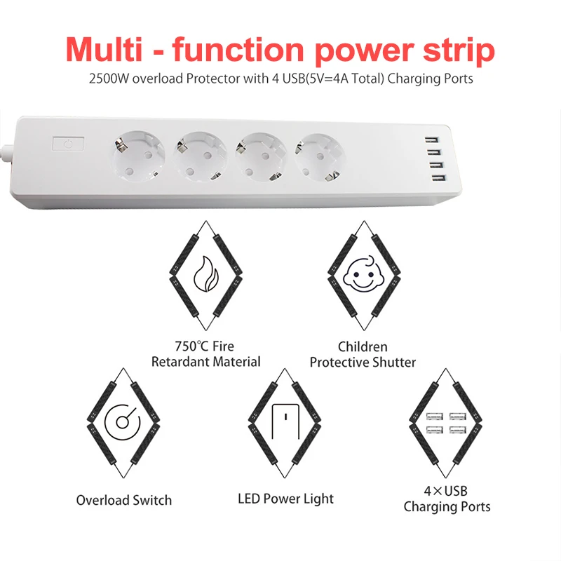 Wifi Smart Power Strip 4 EU Outlets Plug With 4 USB Port Timing App Voice Control Work With Amazon Alexa And Google Assistant