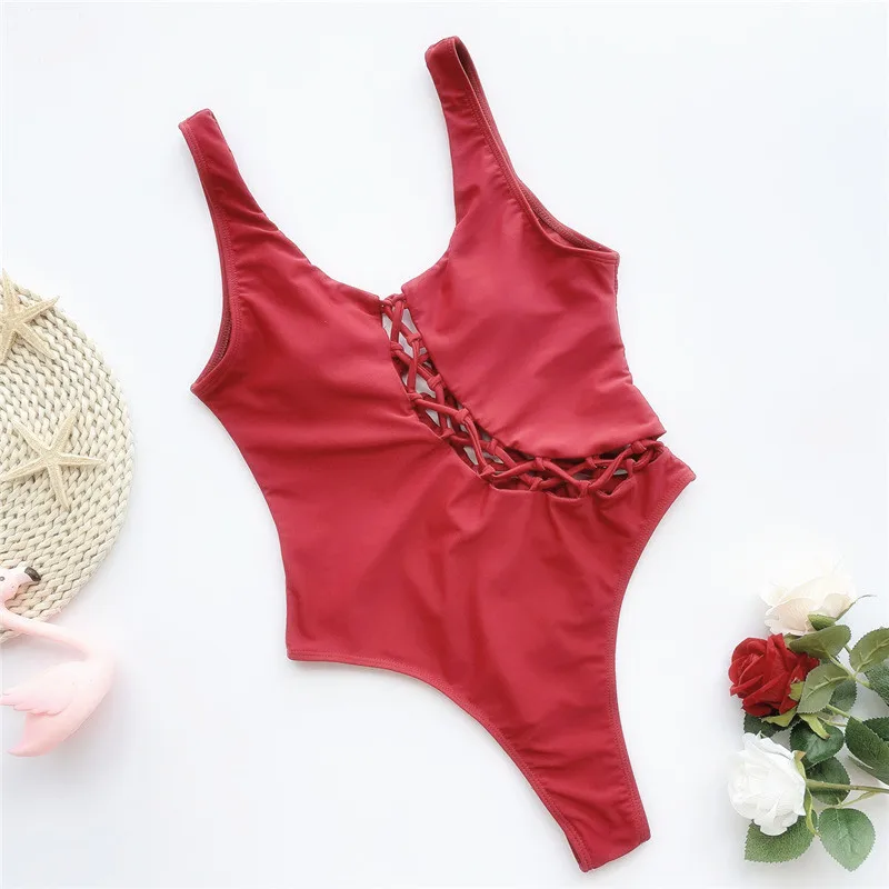 Cut Out Swimsuit One-Piece Swimwear Sexy String Bathing Suits for Women High Leg Solid Swimming Suit Red Strappy Thong Monokini Cut Out Swimsuit One-Piece Swimwear Sexy String Bathing Suits for Women High Leg Solid Swimming Suit Red Strappy Thong Monokini