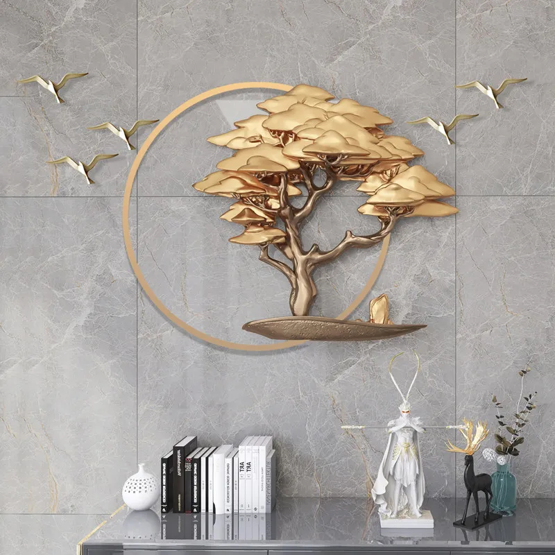 

Chinese Welcome Pine Birds Resin Accessories Home Livingroom Background Wall Sticker Decoration Entrance Lobby Wall Mural Crafts