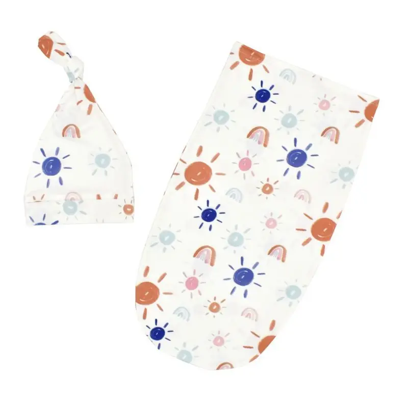 1 Newborn Photography Prop Baby Blankets Printed Newborn Infant Baby Boys Girls Sleeping Swaddle Muslin Wrap+Hat 2PCS - Цвет: 1