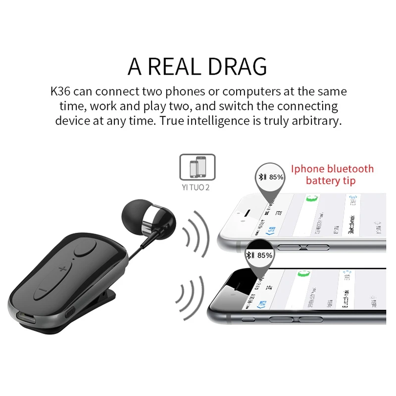 Pull Cord Retractable K36 Bluetooth Headset Lavalier Earplugs Business Universal Headset