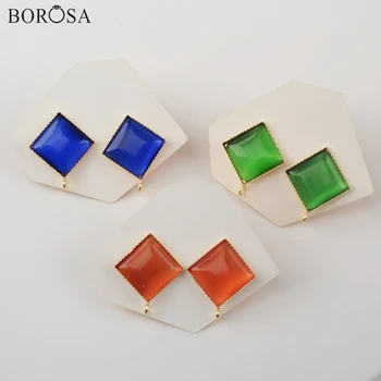 

BOROSA New 17mm Rhombic Natural Stone Stud Earrings with Charms Colorful Gems Stones Ear Stud for Earrings Womem Jewelry WX1389