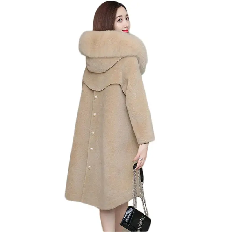 Women Autumn Winter Real Fox Fur Collar Natural Sheep Shearing Fur Coat Female Genuine Lambswool Jacket Abrigos Mujer N252