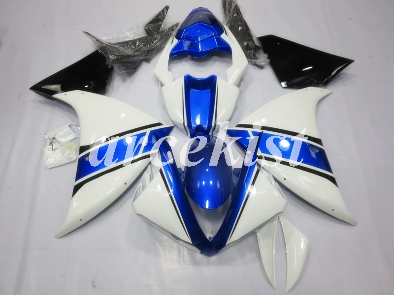 Литья под давлением ABS Обтекатели комплект подходит для YAMAHA YZF-R1 2009 2010 2011 2012 2013 09, 10, 11, 12, 13, 14, тело комплект белого и синего цвета