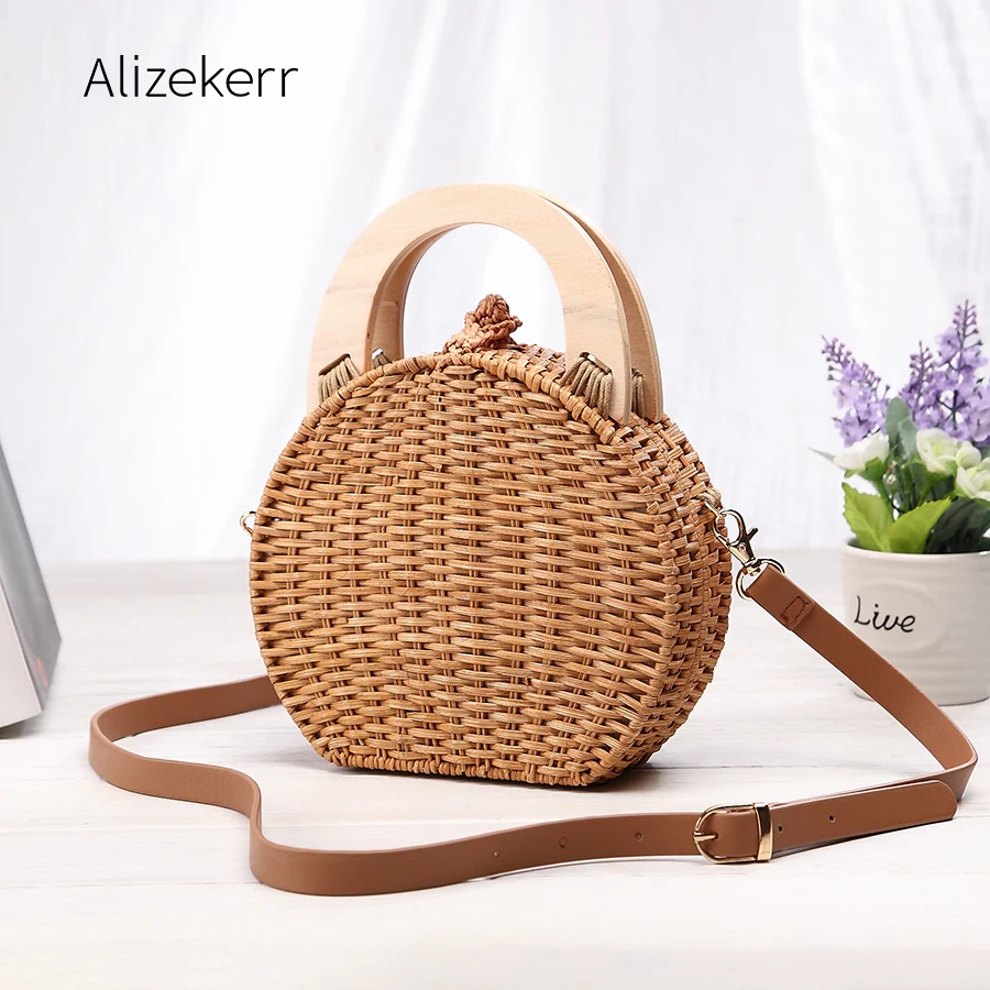 

Wooden Handle Beach Handbag Women 2019 Summer Handmade Bohemian Bamboo Circular Straw Tote Shoulder Bag Woven Vacation Female