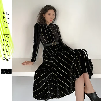 

Woman meeting banquet party dress annual black gold stripe belted dresses 2020 spring vestido de festa