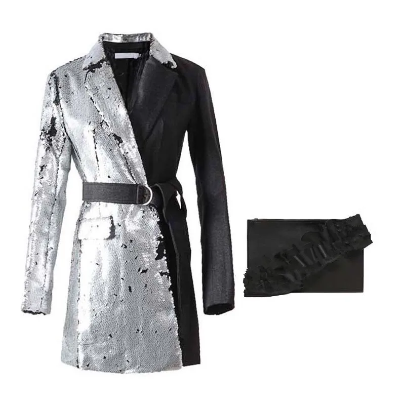 Autumn Women Sequins Patchwork Sashes Long Blazers High Street Fashion Notched Collar Lace Up Long Sleeve Casual Coats